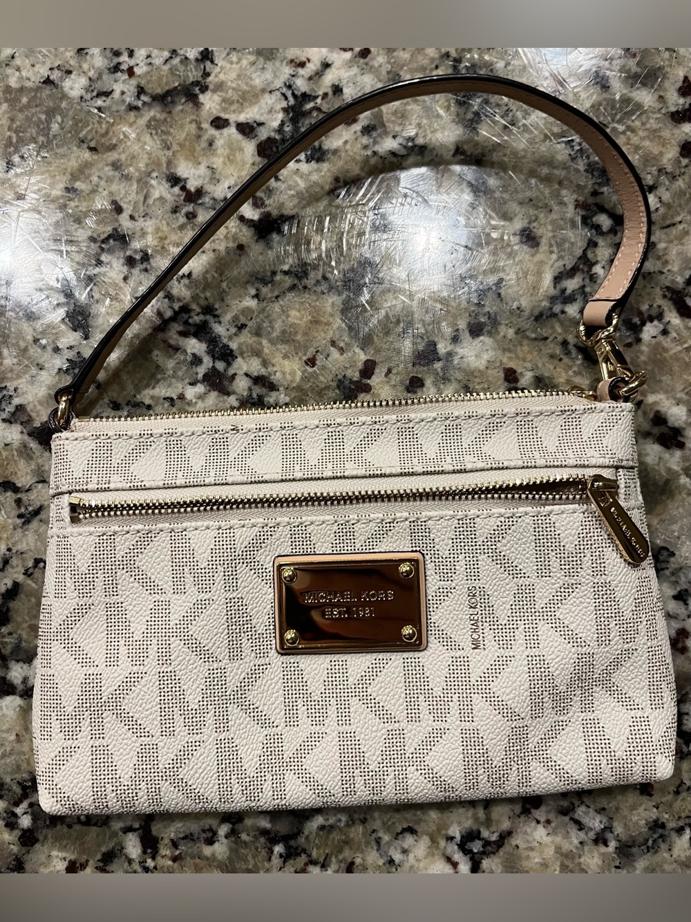 Michael Kors Cream or Off White MK Monogram Mini Purse with Gold Hardware